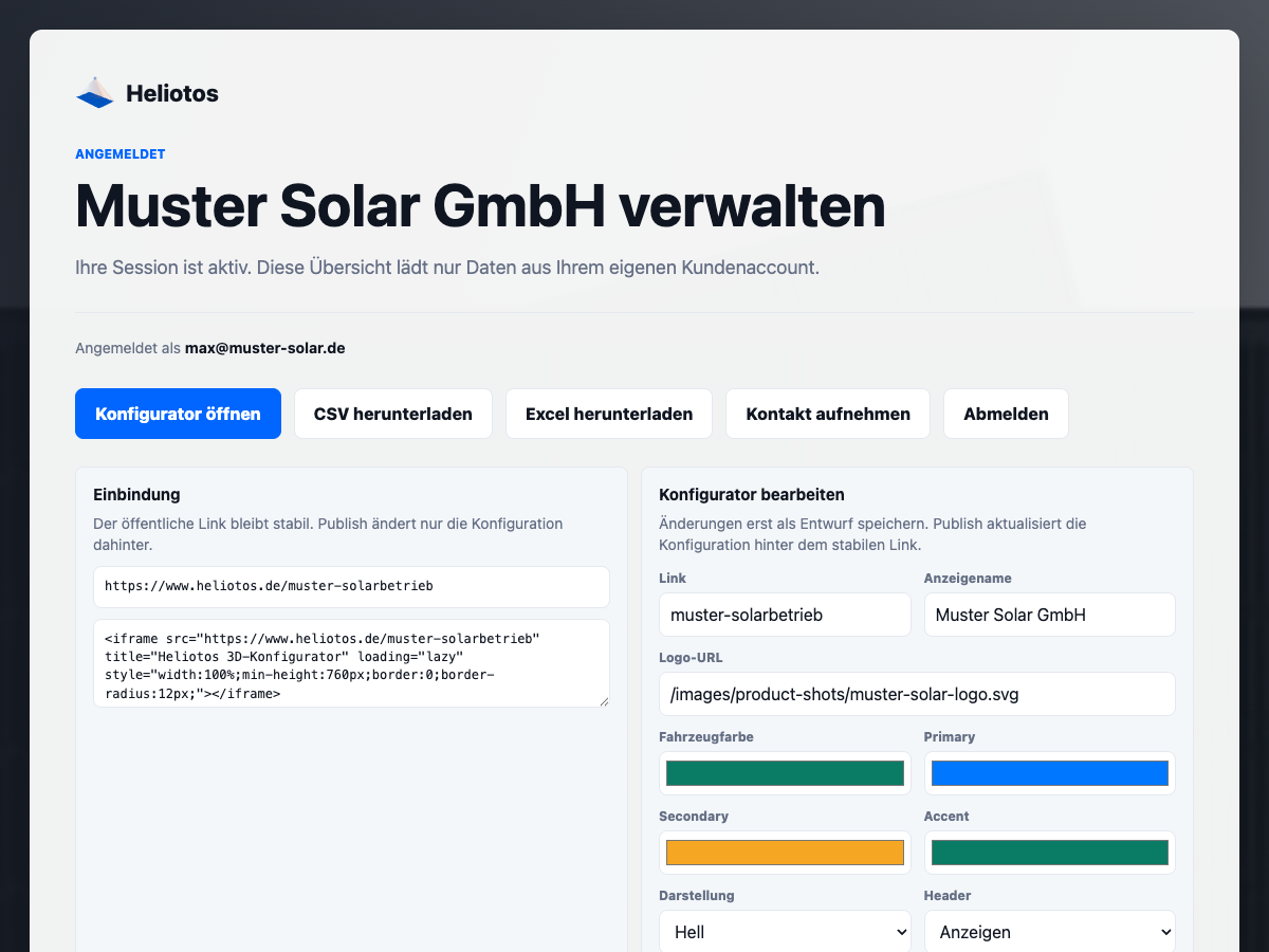 Heliotos Kundenbereich mit Einbindung, Vorschau und Konfigurator-Einstellungen